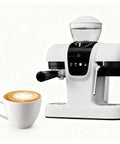 Top Shelf Daily Driver 20 Bar Espresso Machine With Built In Grinder And Power Steam Wand Dishing Out Killer Crema For Smooth Shot Pulls Featuring Smart Temp Control 58mm Stainless Portafilter And Quick Touch Setup For The Home Barista next to a latte with heart design.