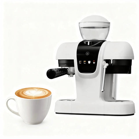 Top Shelf Daily Driver 20 Bar Espresso Machine With Built In Grinder And Power Steam Wand Dishing Out Killer Crema For Smooth Shot Pulls Featuring Smart Temp Control 58mm Stainless Portafilter And Quick Touch Setup For The Home Barista next to a latte with heart design.