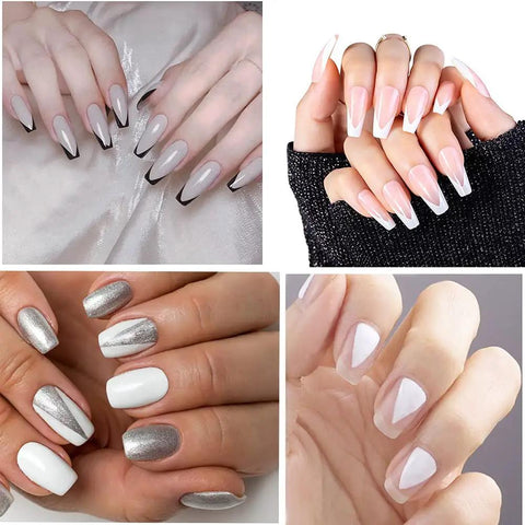 Nail art using All In One French Nail Tip Cutter Kit With 3 Deep Smile Line Cutters 2 French Acrylic Brushes 1 Cutting Knife.