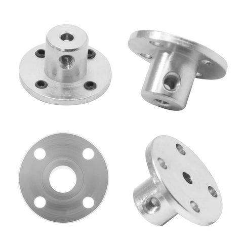 4 Pack 5mm Flange Shaft Couplings For RC Motors shown in different angles with screws visible