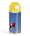 Aviation Inspired 12oz Kids Water Bottle with Glider Silhouette near a Red and White Wind Sock, Insulated Spill-Proof Design.