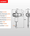 YATOINTO 2-Speed electric chain hoist NH-1000DS, 1000kg capacity, 110V, 2500W motor, 10ft lift, pendant/remote.