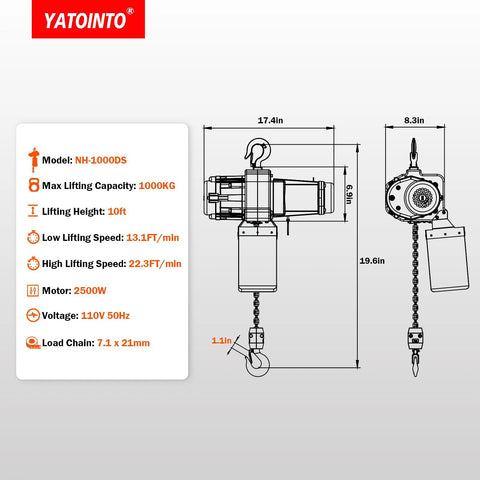 YATOINTO 2-Speed electric chain hoist NH-1000DS, 1000kg capacity, 110V, 2500W motor, 10ft lift, pendant/remote.