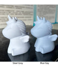 3D printed unicorn figures in steel grey and blue using PLA MAX 1.75mm Filament For 3D Printing, Reinforced Strength With PLA Pro Plus Tech.