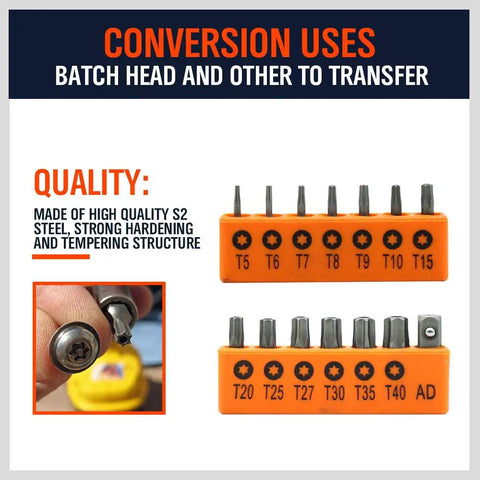 Rugged 14 Piece Tamper Resistant Torx Bit Set in S2 Alloy Steel T5 to T40 security star bits with labeled orange holder