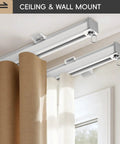 Ceiling Curtain Track With Roller Hooks And Clips White 9ft To 12ft Premium Aluminum Rail Rustproof Electrocoat Tarnish Resistant Finish No Fuss Easy Glide Curtain System For Bathrooms Patios And Living Spaces mounted above curtains
