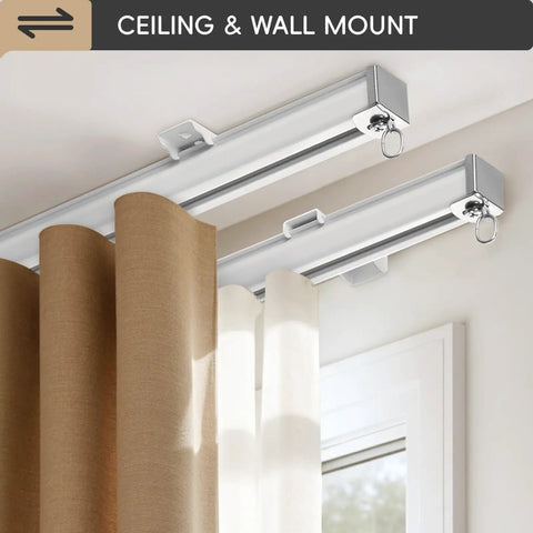 Ceiling Curtain Track With Roller Hooks And Clips White 9ft To 12ft Premium Aluminum Rail Rustproof Electrocoat Tarnish Resistant Finish No Fuss Easy Glide Curtain System For Bathrooms Patios And Living Spaces mounted above curtains