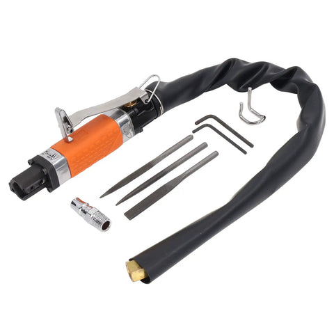 Heavy Duty Air Reciprocating File With Three Tungsten Burrs For Slick Deburring And Fast Precision Cutting At 6300 SPM Boss Level Pneumatic Grinder with accessories.