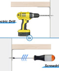 Yellow electric drill and black screwdriver options for installing 16 Pcs Stainless Steel L Bracket Set with 64 screws, corner braces guide.