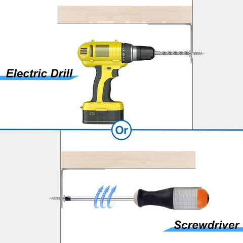Yellow electric drill and black screwdriver options for installing 16 Pcs Stainless Steel L Bracket Set with 64 screws, corner braces guide.