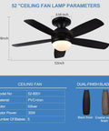 52 Inch Flush Mount Ceiling Fan With Remote And Dimmable Lights In Matte Black Five Reversible Blades In Amrilo Or Walnut Tri Color
