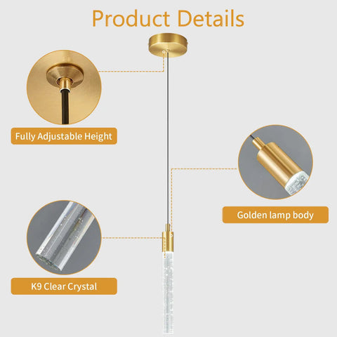 Modern Gold Brass Finish LED Dimmable Kitchen Island Pendant Lights 2 Pack With Crystal Bubble Column details