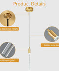 Gold Brass Finish Kitchen Island Pendant Lights 3 Pack, details of adjustable height and crystal bubble column with dimmable LED.