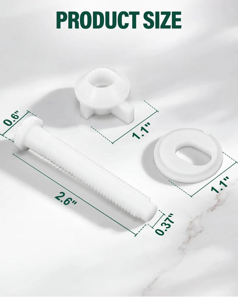 Hella Solid 4 Pack Toilet Seat Screws With Nuts And Washers, heavy duty plastic bolts size measurements laid out.