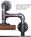 Close-up of Hella Durable Industrial Pipe Wall Shelf Heavy Duty Two Tier Floating Bookshelf, showing iron pipe connectors and wooden shelf.