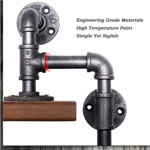 Close-up of Hella Durable Industrial Pipe Wall Shelf Heavy Duty Two Tier Floating Bookshelf, showing iron pipe connectors and wooden shelf.