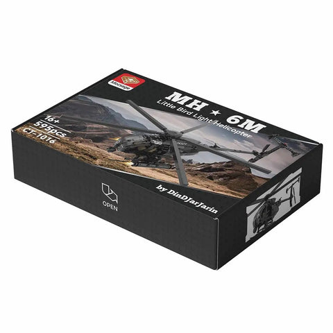 Box of Dope Little Bird MH6 Helicopter Model Kit for Adults and Hobbyists with image of helicopter and 595 piece count