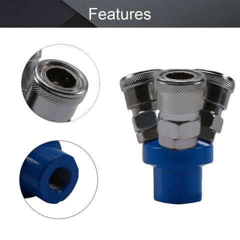 Three Pack One Half Inch Thread Three Way Manifold Block Splitter Quick Connect Air Hose Splitter Coupler in silver and blue