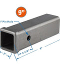 Weld On Trailer Hitch Receiver Tube 2 Inch By 2 Inch Opening With 9 Inch Length Raw Steel Finish Heavy Duty Bar For Towing Durable 2 By 2 Receiver Easy Install, 9 inch tube with 5/8 pin hole