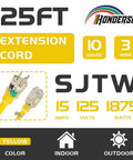 Weatherproof Indoor Outdoor Extension Cord With Lighted End UL Listed 10 Gauge 25 Foot Yellow 3 Prong Heavy Duty