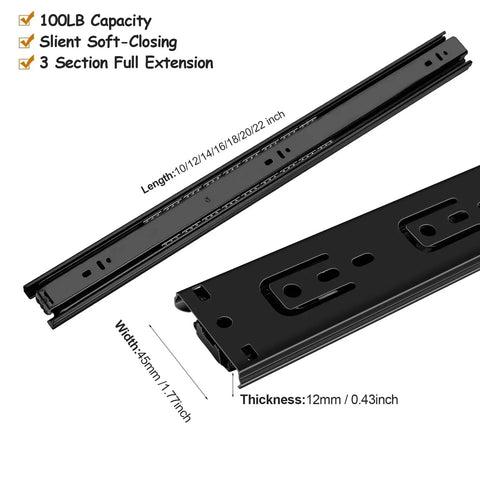 12 Inch Full Extension Drawer Slides Set 6 Pairs (12 Pieces) Ball Bearing Side Mount 100 Lb Capacity Built To Last Heavy Duty Black Drawer Slides For Cabinets And Dressers. black drawer slide dimensions