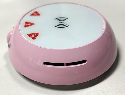 Top Shelf Electric Coffee Mug Warmer With Smart Temp Controls And Four Hour Auto Shutoff, pink wireless base with LED controls.