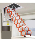 Top Shelf Electric Pulldown Attic Ladder With Smooth Folding Loft Stairs No Fuss Roof Access Plus Heavy Duty Extension Kit that shows orange and white motorized loft stairs.