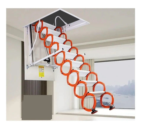 Top Shelf Electric Pulldown Attic Ladder With Smooth Folding Loft Stairs No Fuss Roof Access Plus Heavy Duty Extension Kit that shows orange and white motorized loft stairs.
