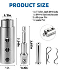 Beefed Up Stainless Steel Trailer Jack Drill Adapter Kit With One Inch Drive Shaft And One Half Inch Socket Dual Power Or Manual EZ Crank Tool for RVs, showing components and dimensions.