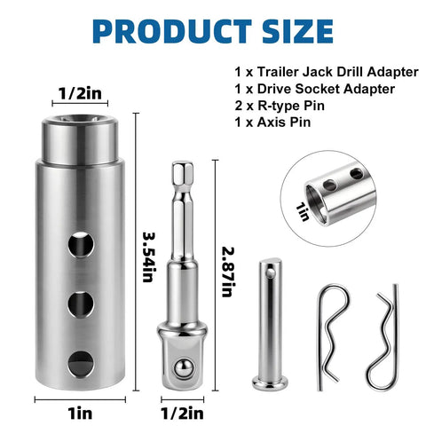 Beefed Up Stainless Steel Trailer Jack Drill Adapter Kit With One Inch Drive Shaft And One Half Inch Socket Dual Power Or Manual EZ Crank Tool for RVs, showing components and dimensions.