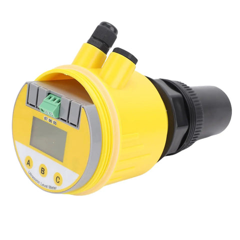Pro Grade Digital Ultrasonic Level Meter 0-10m Range DC24V LCD Display 4-20mA Output Water Level Sensor in yellow.