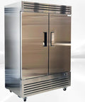 Heavy Duty Commercial Freezer Two Door Upright Reach In Stainless Steel NSF Certified 47 Cubic Feet Dual Section Restaurant Kitchen exterior view.