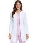 Woman wearing Womens Slim Fit Premium Lab Coat For Real Shifts With Tailored Princess Seams Contouring Darts Notched V Neck 33 Inch Length
