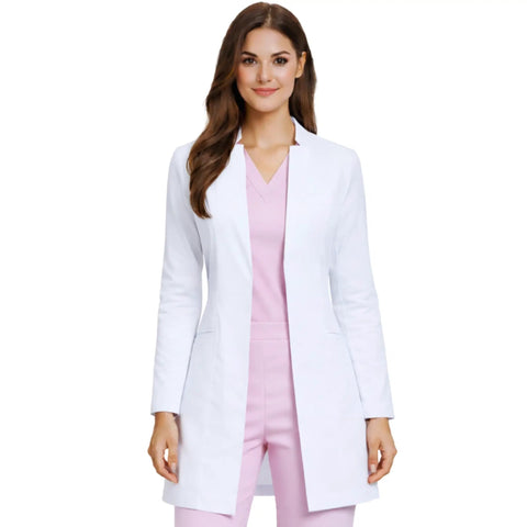 Woman wearing Womens Slim Fit Premium Lab Coat For Real Shifts With Tailored Princess Seams Contouring Darts Notched V Neck 33 Inch Length