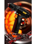 Solid Grip 12V Rechargeable Cordless Hand Drill Featuring Forward Reverse Switch And Heavy Duty High Carbon Steel Bit Set held by a metallic hand.
