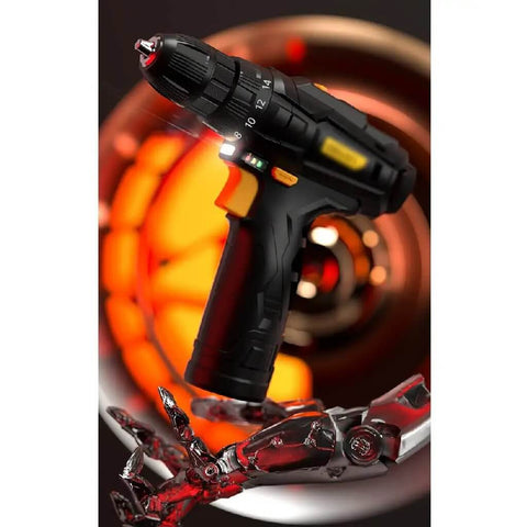 Solid Grip 12V Rechargeable Cordless Hand Drill Featuring Forward Reverse Switch And Heavy Duty High Carbon Steel Bit Set held by a metallic hand.
