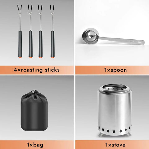 Included items of Pellet Tabletop Fire Pit: 4 roasting sticks, loading spoon, carry bag, and 7 inch mini outdoor fire pit with ash pan