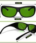 Heavy Duty Laser Safety Glasses Delivering Straight Up OD7 Plus Kick Against 800 To 1100 Nm Rays Shop Ready image showing front and side views of protective eyewear dimensions.