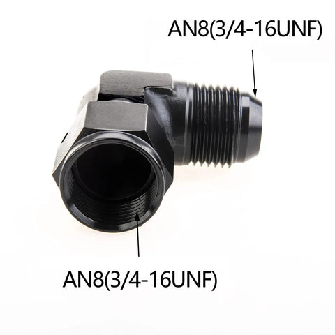 8AN Female To 8AN Male Flare 90 Degree Swivel Hose Fitting Adapter Aluminum Anodized Black AN8 To AN8 Three Quarter Inch UNF Thread 2 Pack For Fuel Oil Gas Water Air Lines, black AN8 fitting