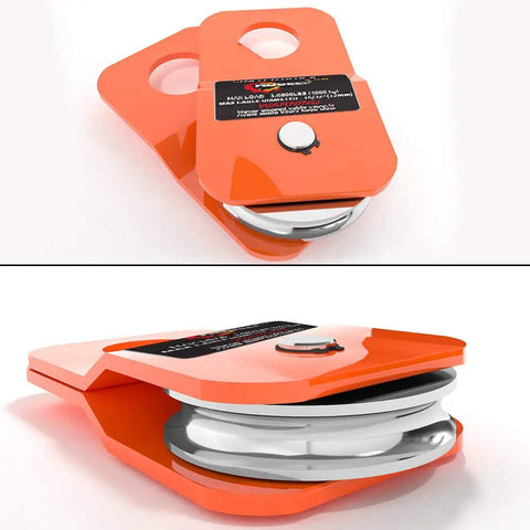 4.8T Snatch Block For Beefy Offroad Winches Orange With Reinforced Stainless Steel Pulley And Anti Corrosion Coating 13,500 Lb Break Strength 8,800 Lb Safe Working Load Compatible With Synthetic Rope Or Steel Cable Up To 0.4 Inch. orange snatch block with stainless pulley, side and angled view