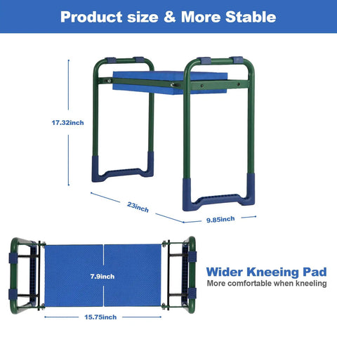 Workhorse Garden Kneeler And Seat With Thick Wider Soft EVA Pad showing product dimensions and stability features