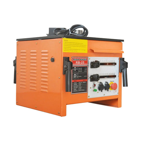 Built Tough Electric Rebar Bender Crushes 6 To 25 Millimeter Steel Bars With Ridiculously Fast 0 To 180 Degree Adjustments Plus Super Quick 110 Volt Bench Top Setup Featuring Nifty Foot Pedal Control with orange exterior and multiple controls.