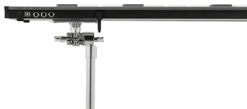 Side view of the Heavy Duty Cast Aluminum Electronic Drum Module Mount With Four Hole Universal Fit Screws Included And Seven Eighths Inch Post Works With Most Drum Modules For Studio Or Live Use showcasing connection to the drum pad.