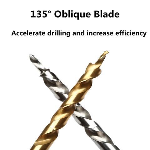 Titanium Coated Pocket Hole Drill Bit Set With Adjustable Depth Stop Collar, featuring 135-degree oblique blade design.