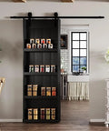 Sliding Barn Door With Shelf Style 36 Inch By 84 Inch Includes 6.6 Foot Hardware Kit Primed MDF Ready To Assemble Quiet Smooth Sliding Ideal For Kitchen Pantry Bedroom Closets Black installed in a kitchen