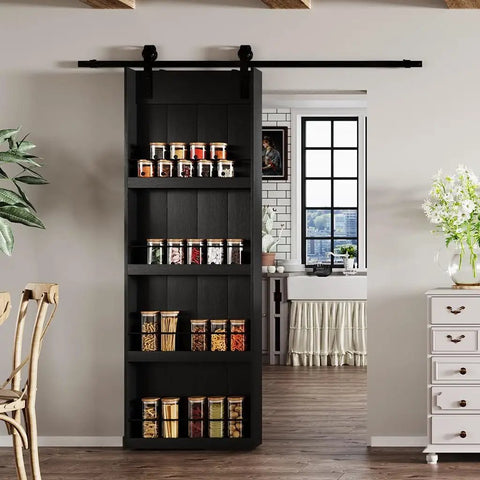 Sliding Barn Door With Shelf Style 36 Inch By 84 Inch Includes 6.6 Foot Hardware Kit Primed MDF Ready To Assemble Quiet Smooth Sliding Ideal For Kitchen Pantry Bedroom Closets Black installed in a kitchen