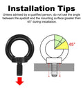 Diagram showing installation tips for Heavy Duty Lifting Eyebolt Set M6 x 12mm 304 Stainless Steel Shoulder Ring Eyebolt with black finish.