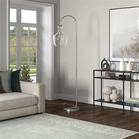 Arc Floor Lamp With Glass Seeded Shade In Brushed Nickel Finish For Living Room, Bedroom Or Home Office, 8 Ft Cord, E26 Base Bulb Compatible in a modern living room.