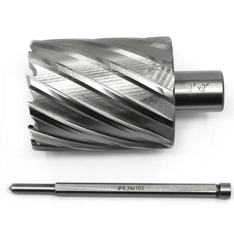 Two-piece annular cutter set with Weldon shank (3/4 in) and long HSS drill bit.