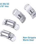 Stainless steel hose clamp fasteners, 4-piece set, 5/16 hex, 304 SS, worm-drive, non-stripping gear, front view